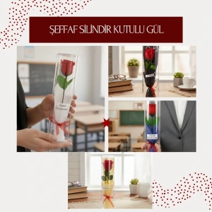 Şeffaf Silindir Kutulu Gül - Öğretmenler Günü Hediyesi
