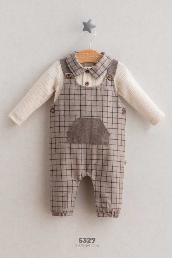 Male Baby Bear and Fish Square Patterned Salopet Ecru (3-12 Months)