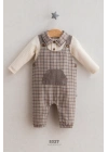 Erkek Bebek Bear and Fish Kare Desenli Salopet Ekru (3-12 Ay)