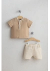 Erkek Bebek Hello Summer Alt Üst Takım Kahverengi - Yazlık Pamuklu Tişört ve Cepli Şort (6-36 Ay)