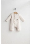 Erkek Bebek Little Bear Ahşap Düğme Detaylı Cep Süslemeli Tulum Ekru Renk %100 Pamuk (0-9 Ay)