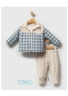 Erkek Bebek Mavi Renk Mevsimlik Plaid Üçlü Takım (6-36 Ay)