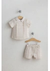 Erkek Bebek Toscana 2’li Takım Bej Renk - Zarif Çizgili Kısa Kollu Gömlek ve Şort Kombini (6-36 Ay)