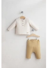 Erkek Bebek Little Bear Alt Üst Takım Ekru ve Hardal Renk Düğmeli Yakalı %100 Pamuk (6-36 Ay)