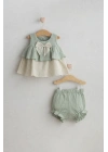 Kız Bebek Spanish Style Elbise Şort Takım Yeşil Renk - Katmanlı Fırfır ve Kurdele (6-36 Ay)