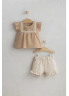 Kız Bebek Spanish Style Toptan 2’li Takım Kahverengi - Dantel İşlemeli Fırfırlı Şortlu (6-36 Ay)