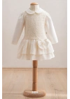 Kız Bebek Ekru Örgü Desenli Elbise Fiyonk Detaylı ve Katmanlı Etekli (6-36 Ay)