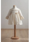 Kız Bebek Ekru Fırfırlı Uzun Kollu ve Çiçek Detaylı Şık Elbise (6-36 Ay)