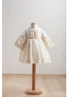 Kız Bebek Ekru Fırfırlı Göğüs Detaylı ve Şık Balon Kollu Elbise (6-36 Ay)