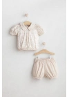 Kız Bebek Flowery 2’li Takım Bej Renk - Çiçek Desenli Düğmeli Bluz ve Büzgülü Şort (6-36 Ay)