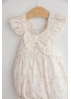 Kız Bebek Flowery Yazlık Tulum Bej - Çiçek Desenli Fırfırlı Askılı ve Kurdele Detaylı (3-12 Ay)