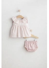 Kız Nostalgia Elbise ve Şort Takım Pudra Renk - Dantel Yaka ve Çizgili Desenli (3-12 Ay)