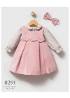 Toptan Kız Bebek Pembe Renk Little Flowers Kışlık Elbise (6-36 Ay)
