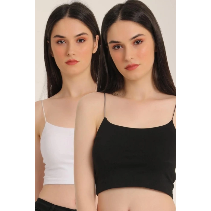 Kadın Ip Askılı 2 Li Yarım Atlet Büstiyer Siyah-beyaz -8031