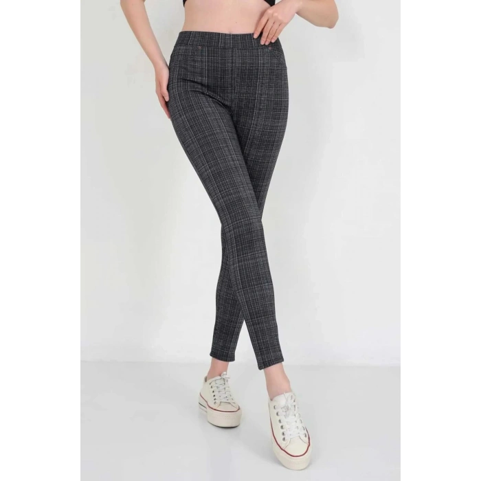 Kadın Pamuklu Elastan Ekose Desen İnceltici PUSH-UP  Pantolon Tayt