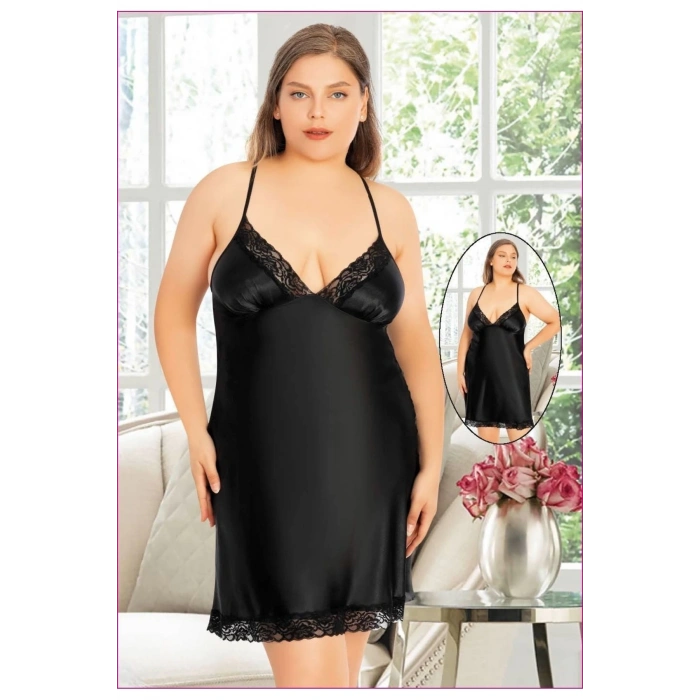 Büyük Beden İnce Askılı Dantel Kenarlı Saten Gecelik Siyah