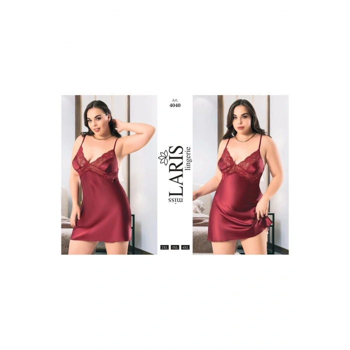 Büyük Beden İnce Askılı Dantel Kenarlı Saten Kısa Gecelik Bordo