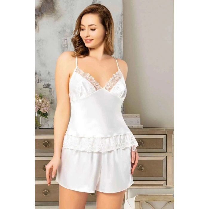 Büyük Beden Saten Şort Takım Ekru