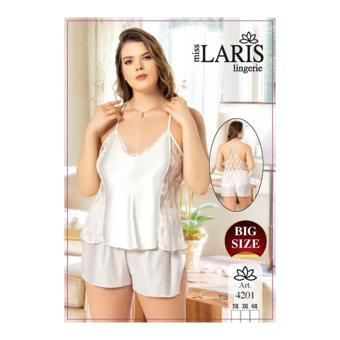 Büyük Beden Dantel İşlemeli Saten Şort Takım Ekru