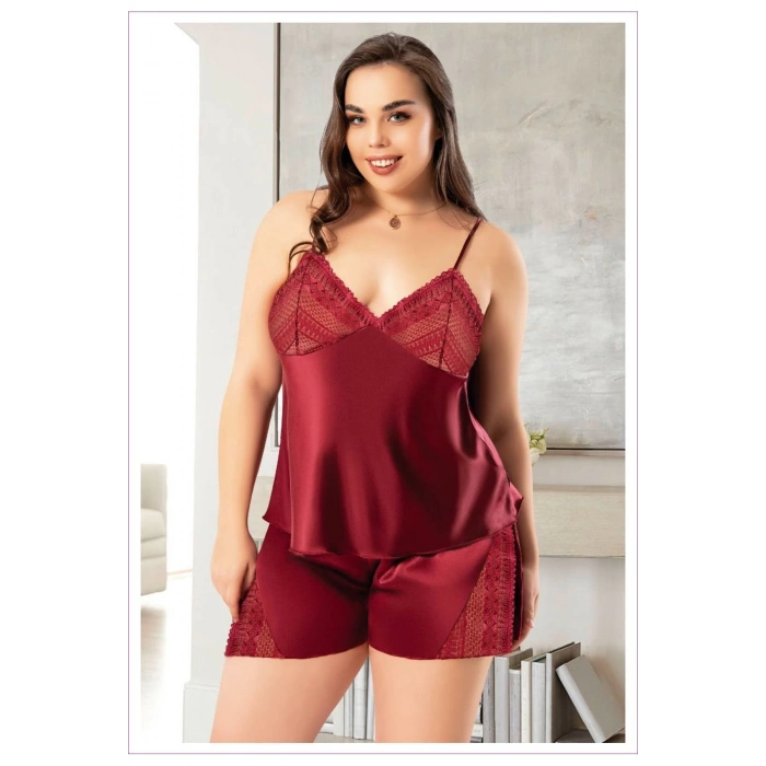 Büyük Beden Saten Şort Takım Bordo