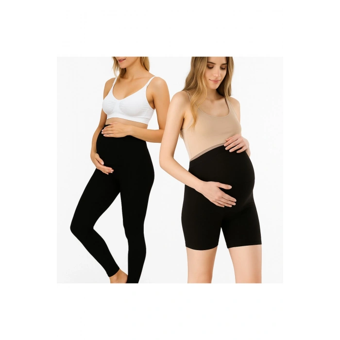 Pamuk Modal Kavrayıcı Destek Dikişli 1 adet Uzun 1 adet Kısa Hamile Tayt Seti
