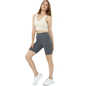 Kadın Gri Fitilli Yüksek Bel Toparlayıcı Push Up Kısa Şort Örme Spor Tayt