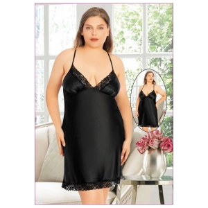 Büyük Beden İnce Askılı Dantel Kenarlı Saten Gecelik Siyah