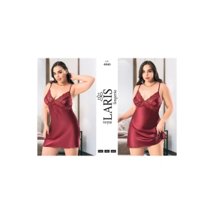 Büyük Beden İnce Askılı Dantel Kenarlı Saten Kısa Gecelik Bordo