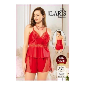 Büyük Beden Dantel Detaylı Saten Şort Takım Kırmızı