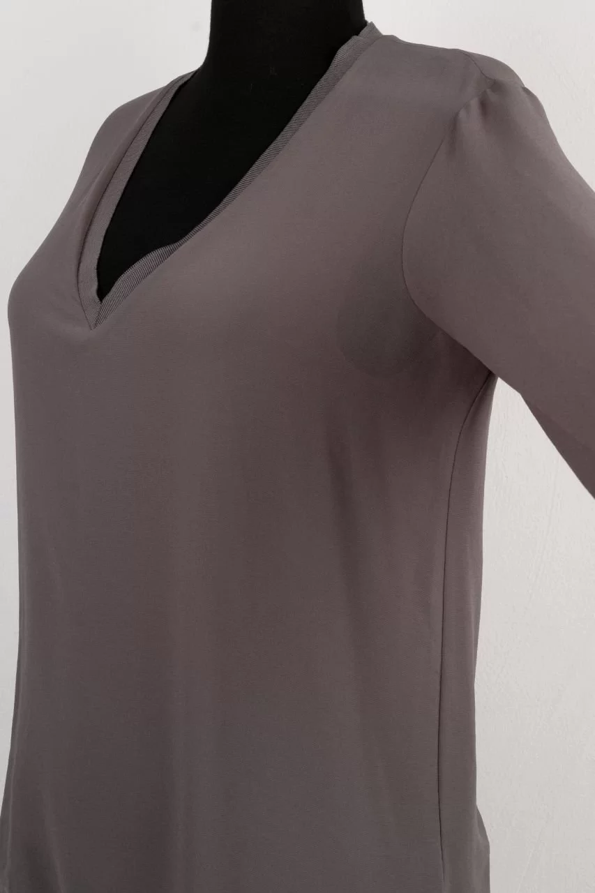 Zara V Yaka Şifon İçi Penye Astarlı Uzun Kollu Bluz