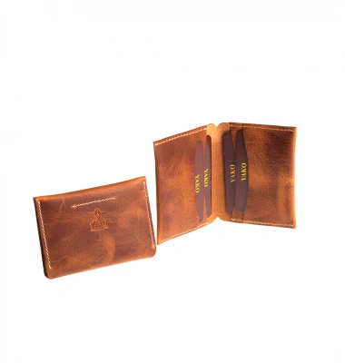 Hakiki Deri El Yapımı Kartlık Kahverengi Katlanır