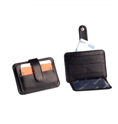 Hakiki Deri El Yapımı Kartlık Siyah Çıtçıtlı