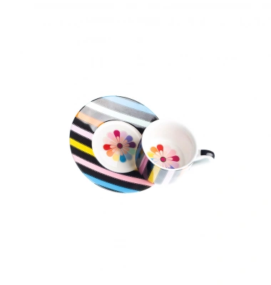 Renkli Çizgili & Çiçekli Porselen Fincan