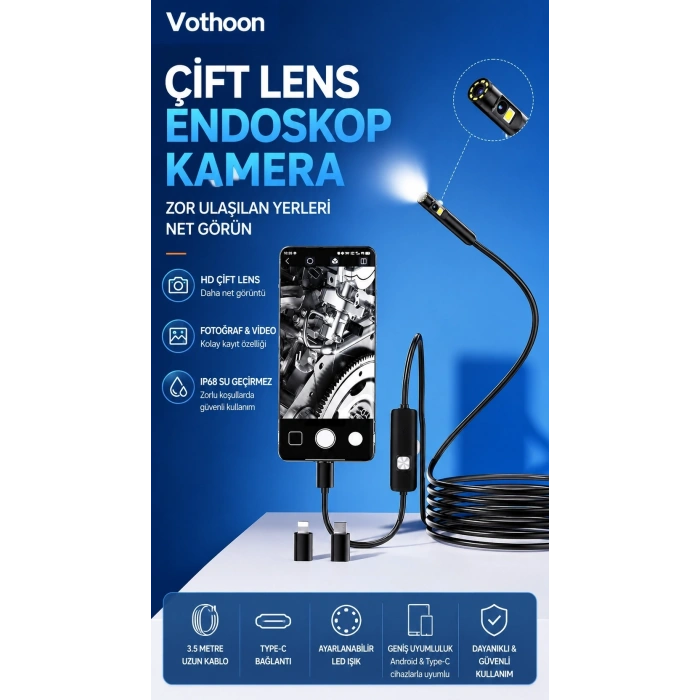 10 Metre Çift Kameralı İos/android Uyumlu Yılan Endoskop Kamera 8mm 2mp Led’li Sert Kablo