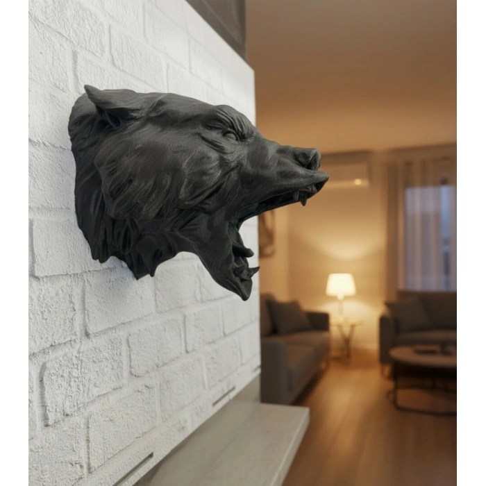 3d Siyah Ayı Başı Duvar Süsü Özel Tasarım Dekoratif Heykel 25x19 Cm