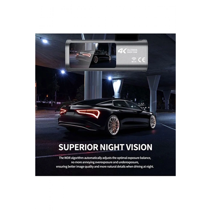 4k Wifi Çift Kameralı Araç Kamerası Gece Görüşlü G-sensörlü Dash Cam 170 Derece