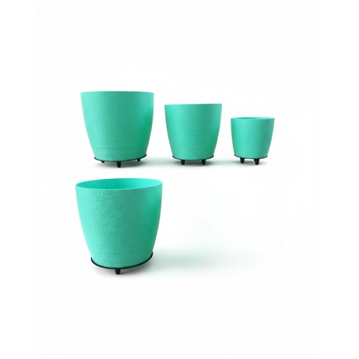 4’lü 3d Yeşil Dekoratif Vazo Seti Modern Ayaklı Şık Saksı Takımı