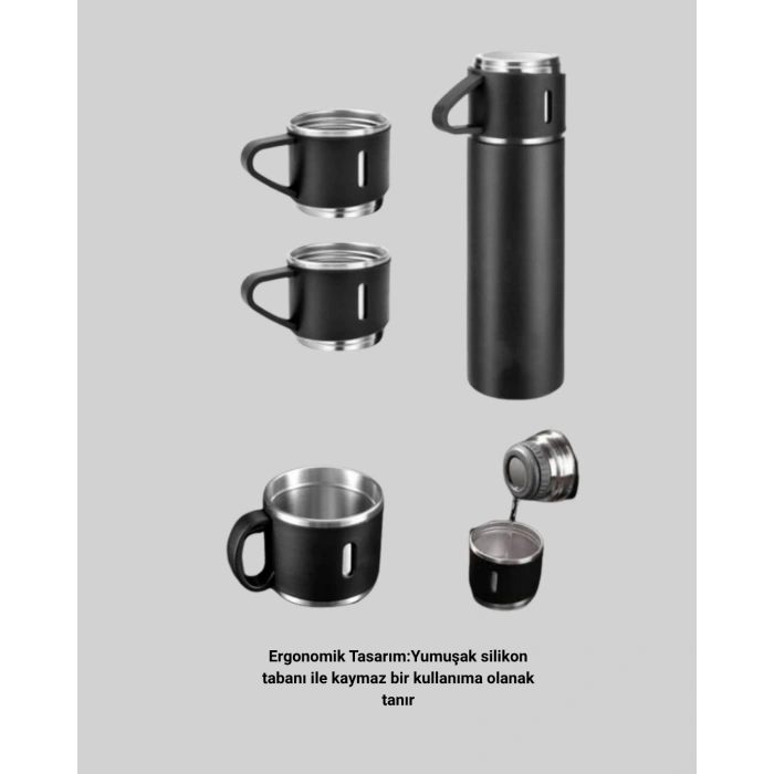 500 Ml Isı Korumalı Çelik Termos Ve Bardak Seti | Silikon Tabanlı, Şık Ve Pratik