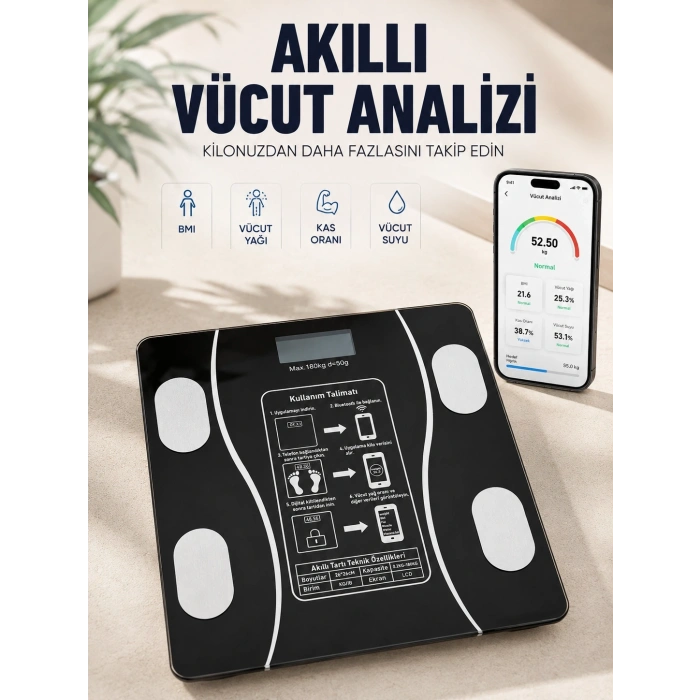 Akıllı Vücut Analiz Baskülü Bluetooth Bağlantılı 4 Sensörlü Lcd Ekranlı Dijital Tartı