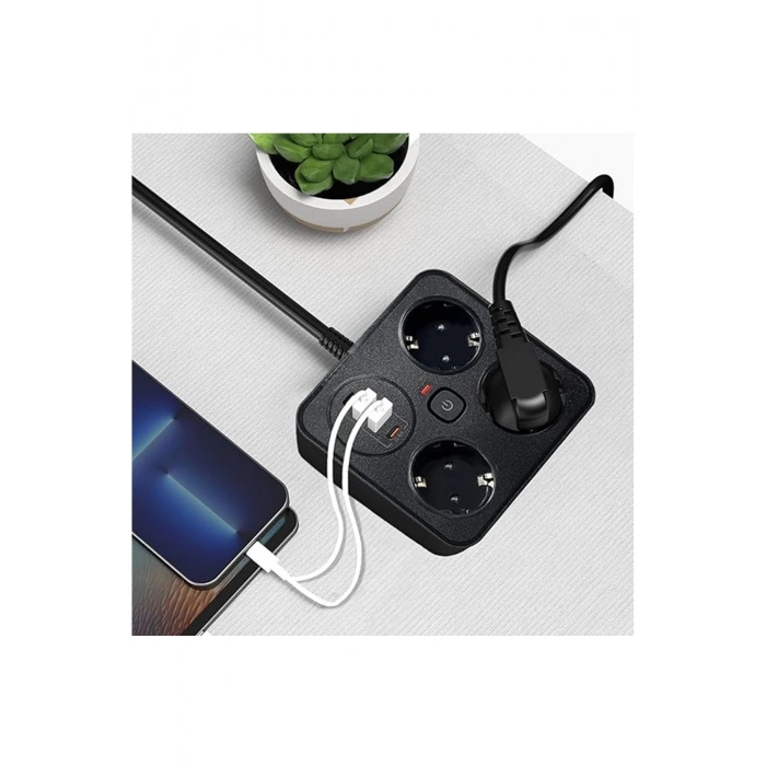 Akım Korumalı Anahtarlı Priz - 3x Priz - 2x Usb - 2x Type-c - 2 Mt Kablo Hızlı Şarj Özellikli Siyah