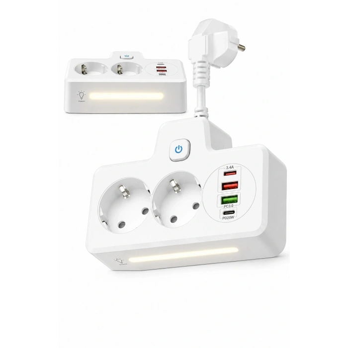 Bkl-502 Akım Korumalı 2li Priz 2 Usb Ve 2 Type-c Çıkış 4000w Hızlı Şarj Duvar Tipi Dokunmatik Led Aydınlatmalı
