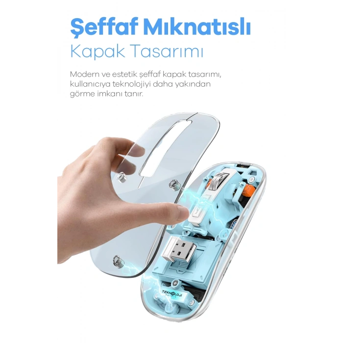 Bluetooth Usb Çift Modlu Sessiz Mouse, Şeffaf Mıknatıslı Kapaklı, Type-c Şarjlı, Dpı Ayarlı, Kablosuz 10m Çekim Mesafeli, Masaüstü Kısayol Tuşlu, Taşınabilir Şarjlı Mouse Turuncu