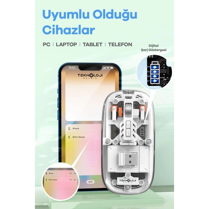 Bluetooth Usb Çift Modlu Sessiz Mouse, Şeffaf Mıknatıslı Kapaklı, Type-c Şarjlı, Dpı Ayarlı, Kablosuz 10m Çekim Mesafeli, Masaüstü Kısayol Tuşlu, Taşınabilir Şarjlı Mouse Beyaz