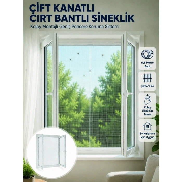 Çift Kanatlı Cırt Bantlı Pencere Sinekliği Kolay Montajlı Beyaz File