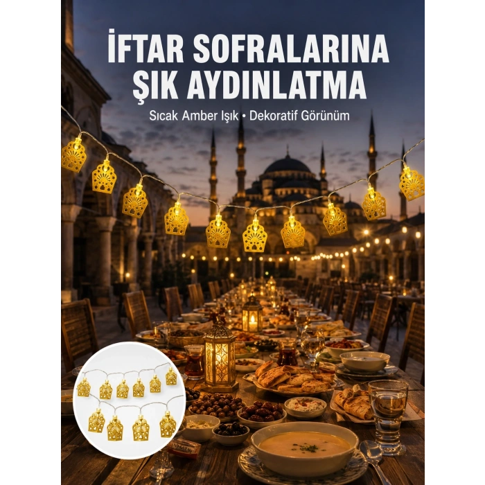 Dekoratif Ramazan Led Işık Pilli Cami Tasarımlı Zincir Aydınlatma Yeni Nesil