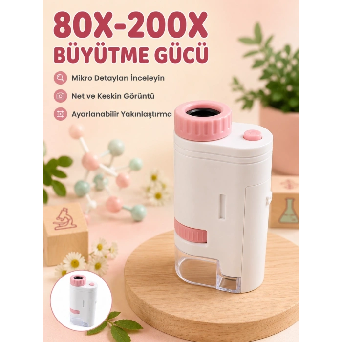Eğitici Taşınabilir Mikroskop  Ayarlanabilir Focus, Led Işık Ve 80x-200x Yakınlaştırma