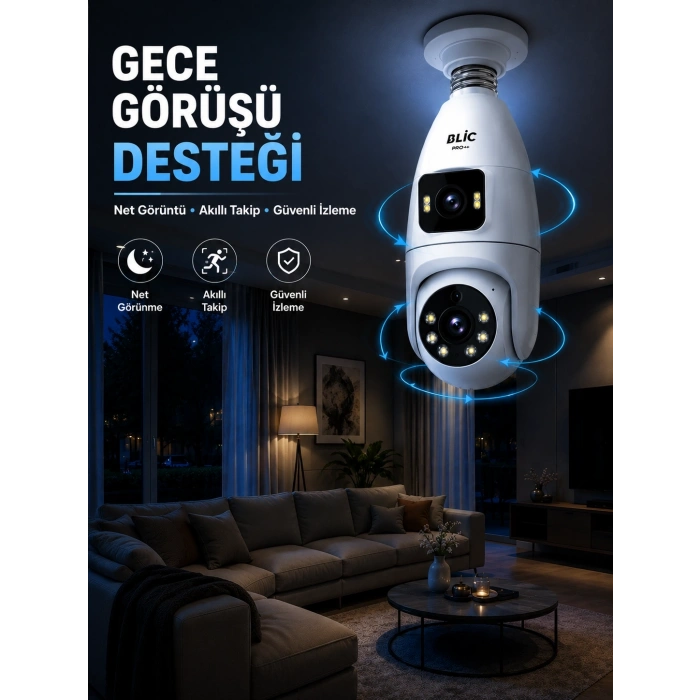 Gece Görüşlü Çift Lens Wi-fi Ampul Kamera Mobil Takip Destekli