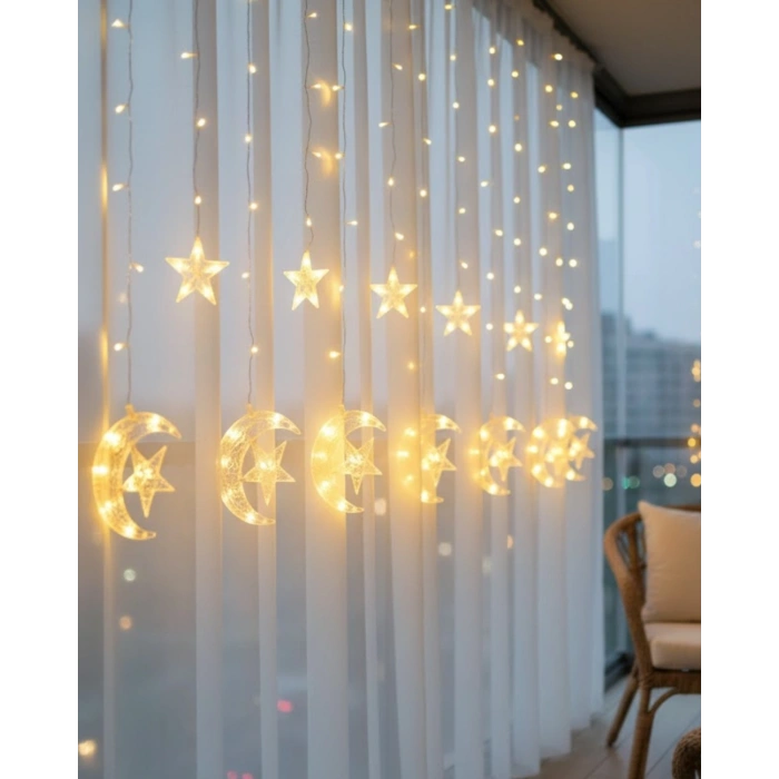Hilal Yıldız Led Perde Işık Balkon Pencere Ve Oda Dekorasyonu