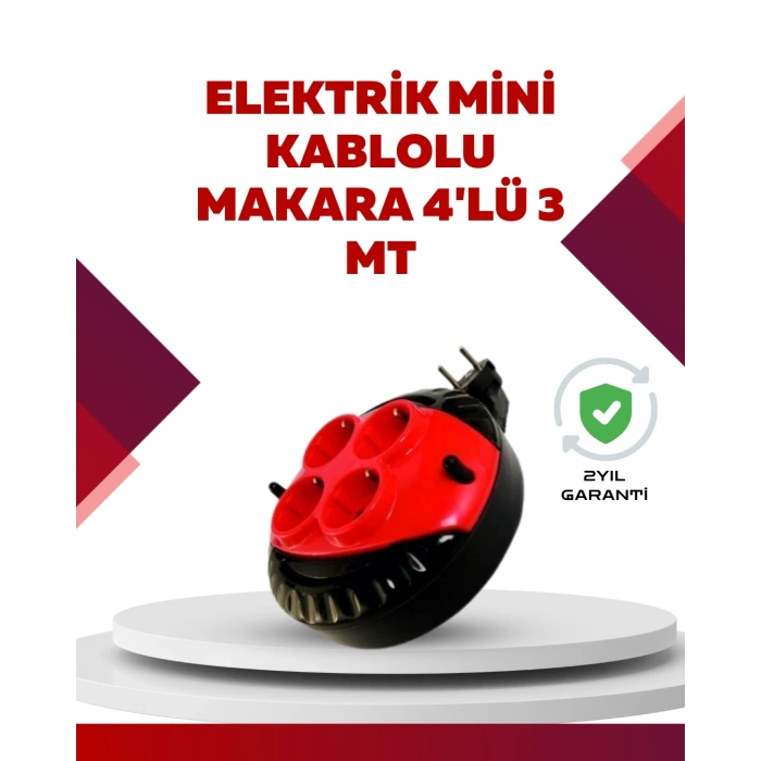 Kırmızı Renk 3 Metre 4’lü Kablolu Priz Makarası