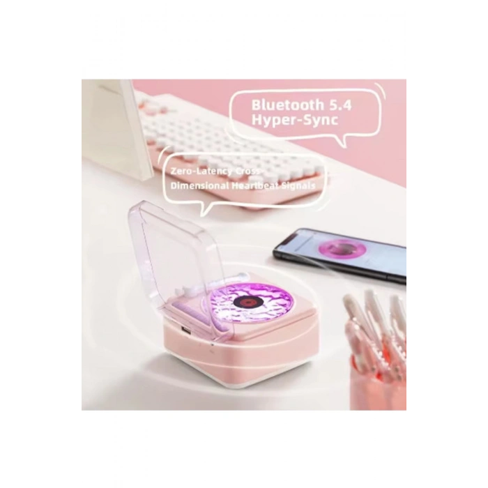 Nostalji Mini Plak Görünümlü Radyolu Bluetooth Hoparlör 3d Ses Dalgası Retro Müzik Plak Pembe